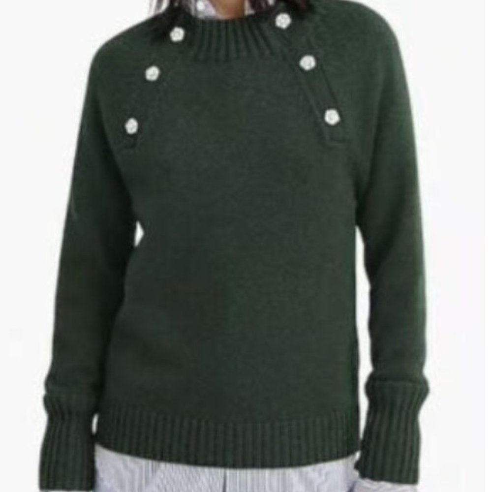 J.Crew Dark Green Crew Neck Jeweled Rhinestone Button Sweater
